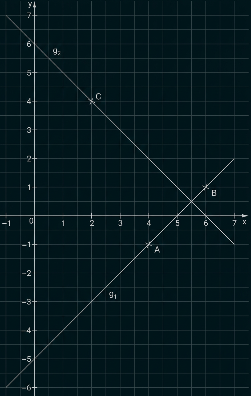 Koordinatensystem mit den Geraden g₁ und g₂ sowie den Punkten A, B und C.